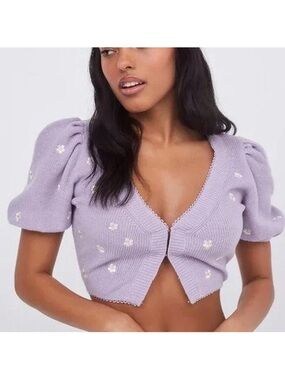 For Love and Lemons Daisy Lilac Puff Sleeve Cropped Cardigan